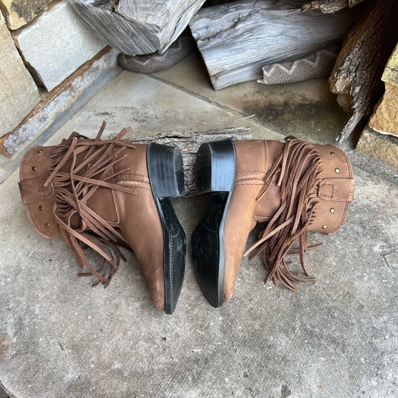 Old West leather round toe western brown fringe kids boots Sz-7.0D.   J - Picture 5 of 11